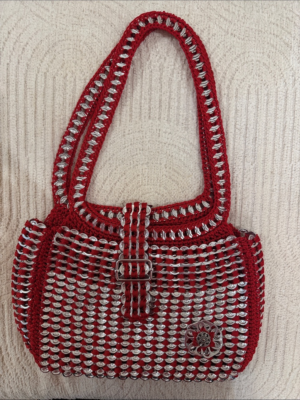 Red Crochet Soda Cap Handmade Shoulder Bag with Silver Accents